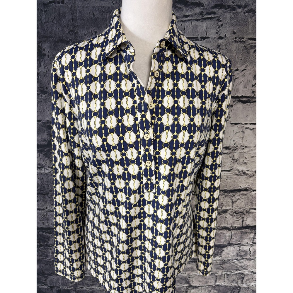 J McLaughlin Shirt Womens Medium Blue Geometric Print Long Sleeve Jersey Polo - Picture 2 of 13